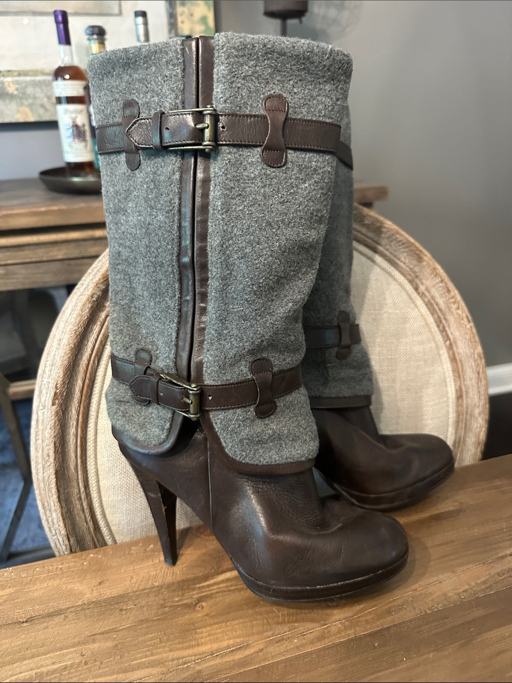 Cole Haan Gray Wool and Brown Leather High-Heel Boots
